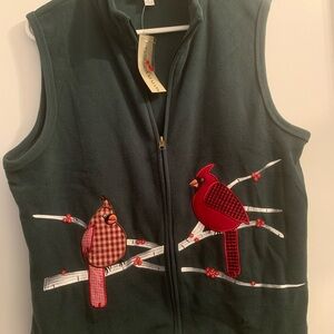 New Rebecca Malone Forest Green Fleece Vest with Red bird cute granny core sizeL